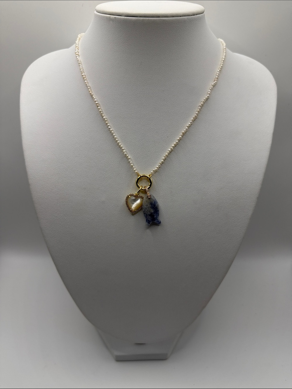 055. Pearl Necklace with 18k Gold Plated Heart and Genuine Fish Stone Charm 16”